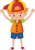 Little boy wearing orange life jacket in cartoon style vector