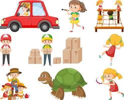 Set of different cute kids and objects vector