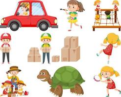 Set of different cute kids and objects vector