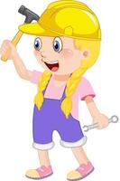 una niña con casco sosteniendo un martillo vector