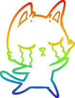 rainbow gradient line drawing crying cartoon cat vector