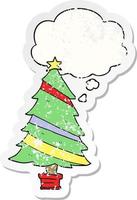 cartoon christmas tree and thought bubble as a distressed worn sticker vector