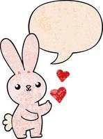 cute cartoon rabbit and love hearts and speech bubble in retro texture style vector