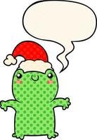 cute cartoon frog wearing christmas hat and speech bubble in comic book style vector