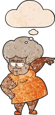cartoon angry old woman and thought bubble in grunge texture pattern style