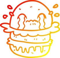 dibujos animados de dibujo de línea de gradiente cálido llorando hamburguesa de comida rápida vector
