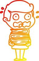 warm gradient line drawing cartoon man with books totally stressed out vector