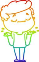 rainbow gradient line drawing cartoon peaceful man shrugging vector