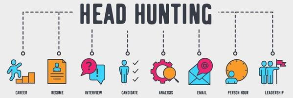 Head Hunting banner web icon. career, resume, interview, candidate, analysis, email, person hour, leadership vector illustration concept.