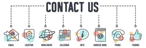 Contact Us banner web icon. email, location, worldwide, calendar, info, address book, phone, thumbs vector illustration concept.