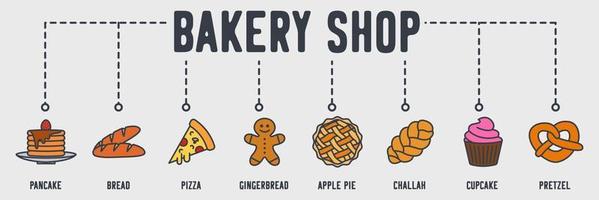 Bakery Shop banner web icon. pancake, bread, pizza, gingerbread, apple pie, challah, cupcake, pretzel vector illustration concept.