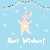 Cute happy rabbit girl with garland and snowflakes. Best wishes quote. New Year character. vector