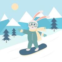 lindo conejo de dibujos animados con máscara de esquí está haciendo snowboard. paisaje de montaña de invierno. vector