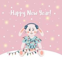 Cute rabbit in winter headphones is wrapped in a garland. Winter card with shining lights and snow. Happy New Year text. vector