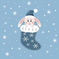 A cute baby rabbit in a Christmas sock. New Year character with snow and lights. vector