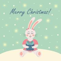 linda chica conejo con un regalo. tarjeta de invierno con luces brillantes y nieve. texto de feliz navidad. vector
