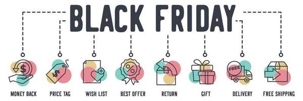 Black friday banner web icon. Money back, price tag, wish list, best offer, return, gift, delivery, free shipping vector illustration concept.
