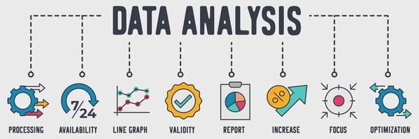 icono de web de banner de análisis de datos. procesamiento, disponibilidad, gráfico de líneas, validez, informe, aumento, enfoque, concepto de ilustración vectorial de optimización. vector