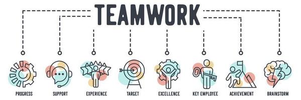 Teamwork banner web icon. progress, support, experience, target, excellence, key employee, achievement, brainstorm vector illustration concept.