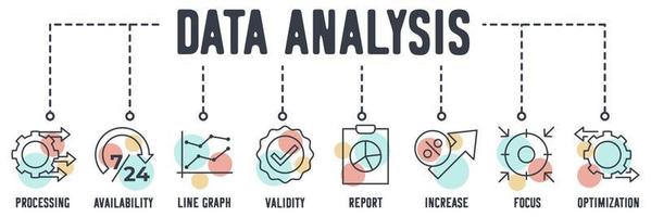 icono de web de banner de análisis de datos. procesamiento, disponibilidad, gráfico de líneas, validez, informe, aumento, enfoque, concepto de ilustración vectorial de optimización. vector