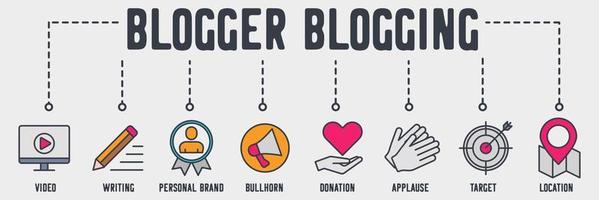 Blogging banner web icon. video, writing, personal brand, bullhorn, donation, applause, target, location vector illustration concept.