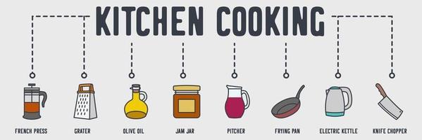Kitchen and Cooking banner web icon. french press, grater, olive oil, jam jar, pitcher, frying pan, electric kettle, knife chopper vector illustration concept.