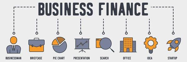 Business Finance banner web icon. businessman, briefcase, pie chart, presentation, search, office, idea, startup vector illustration concept.