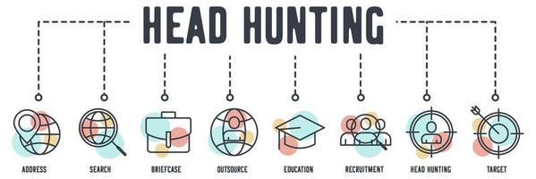 Head Hunting banner web icon. address, search, briefcase, outsource, education, recruitment, head hunting, target vector illustration concept.