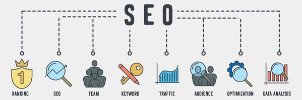 SEO optimization banner web icon. ranking, seo, team building, keyword, traffic business, target audience, search optimization, data analysis vector illustration concept.