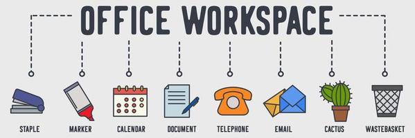 Office workspace web icon. staple, marker, calendar, document, telephone, email, cactus, waste basket vector illustration concept.