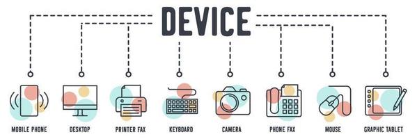 Technology Device web icon. mobile phone, desktop, printer fax, keyboard, camera, phone fax, mouse, graphic tablet vector illustration concept.