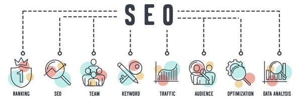 SEO optimization banner web icon. ranking, seo, team building, keyword, traffic business, target audience, search optimization, data analysis vector illustration concept.