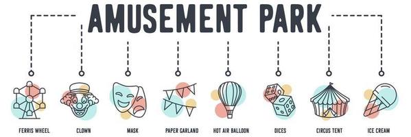 Amusement Park web icon. ferris wheel, clown, theatre mask, paper garland, hot air balloon, dices, circus tent, ice cream vector illustration concept.