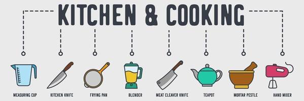 icono de web de banner de cocina y cocina. taza medidora, cuchillo de cocina, sartén, licuadora, cortador de pizza, cuchillo de carnicero, mano de mortero, tetera, concepto de ilustración de vector de mezclador de mano.