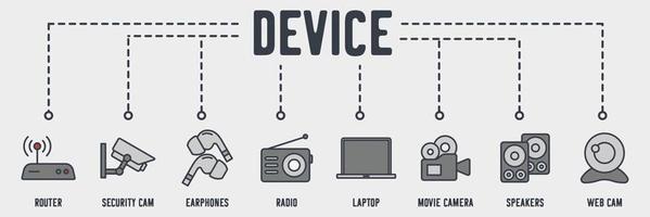 Technology Device web icon. router, security cam, earphones, radio, laptop, movie camera, speakers, web cam vector illustration concept.