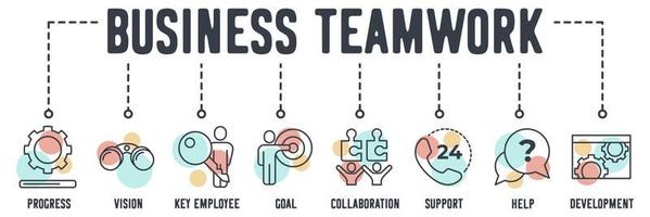 Business Teamwork banner web icon. progress, vision, key employee, goal, collaboration, support, help, development vector illustration concept.