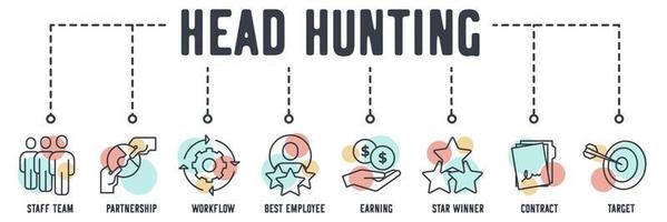Head Hunting banner web icon. staff team, partnership, workflow, best employee, earning, star winner, contract, target vector illustration concept.
