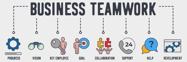 Business Teamwork banner web icon. progress, vision, key employee, goal, collaboration, support, help, development vector illustration concept.