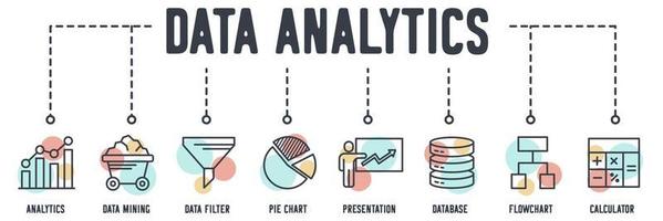 Data Analysis banner web icon. analytics, data mining, data filter, pie chart, presentation, database, flowchart, calculator vector illustration concept.