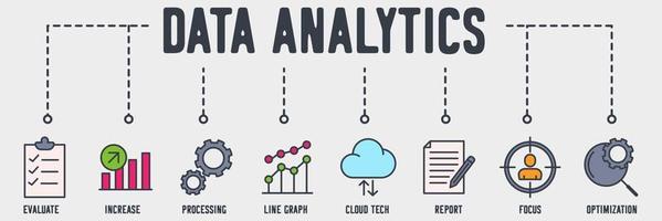 Data Analysis banner web icon. evaluate, increase, processing, line graph, cloud tech, report, focus, optimization vector illustration concept.