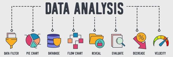 icono de web de banner de análisis de datos. filtro de datos, gráfico circular, base de datos, diagrama de flujo, revelar, evaluar, disminuir, concepto de ilustración de vector de velocidad.