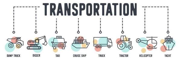 Transport vehicle banner web icon. dump truck, tram, taxi, cruise ship, truck, tractor, helicopter, yacht, forklift vector illustration concept.