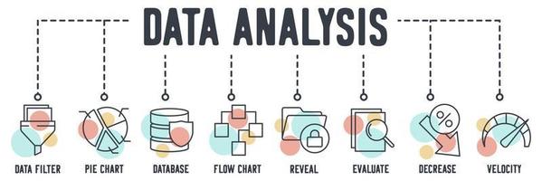 icono de web de banner de análisis de datos. filtro de datos, gráfico circular, base de datos, diagrama de flujo, revelar, evaluar, disminuir, concepto de ilustración de vector de velocidad.