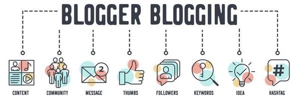 Blogging banner web icon. content, community, message, thumbs, followers, keywords, idea, hashtag vector illustration concept.