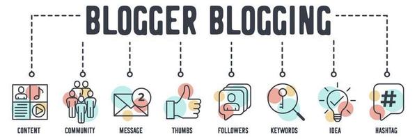 icono de web de banner de blogs. contenido, comunidad, mensaje, pulgares, seguidores, palabras clave, idea, concepto de ilustración vectorial de hashtag. vector