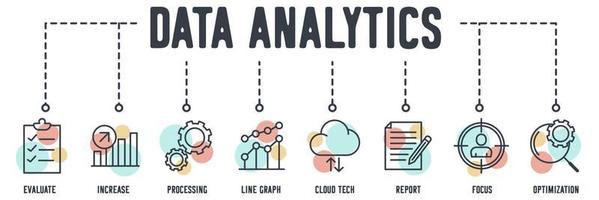 Data Analysis banner web icon. evaluate, increase, processing, line graph, cloud tech, report, focus, optimization vector illustration concept.