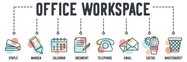 Office workspace web icon. staple, marker, calendar, document, telephone, email, cactus, waste basket vector illustration concept.