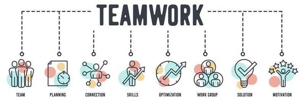 Team Work banner web icon. team, planning, connection, skills, optimization, work group, solution, motivation vector illustration concept.