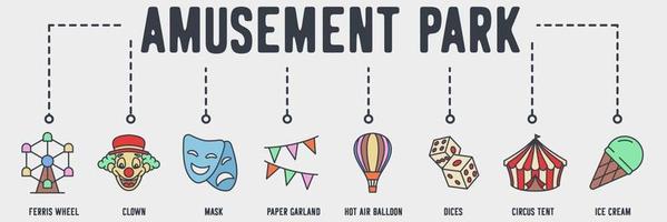 Amusement Park web icon. ferris wheel, clown, theatre mask, paper garland, hot air balloon, dices, circus tent, ice cream vector illustration concept.