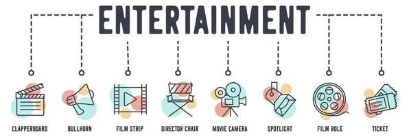 Cinema entertainment banner web icon. clapperboard, bullhorn, film strip, director chair, movie camera, spotlight, film role, ticket vector illustration concept.